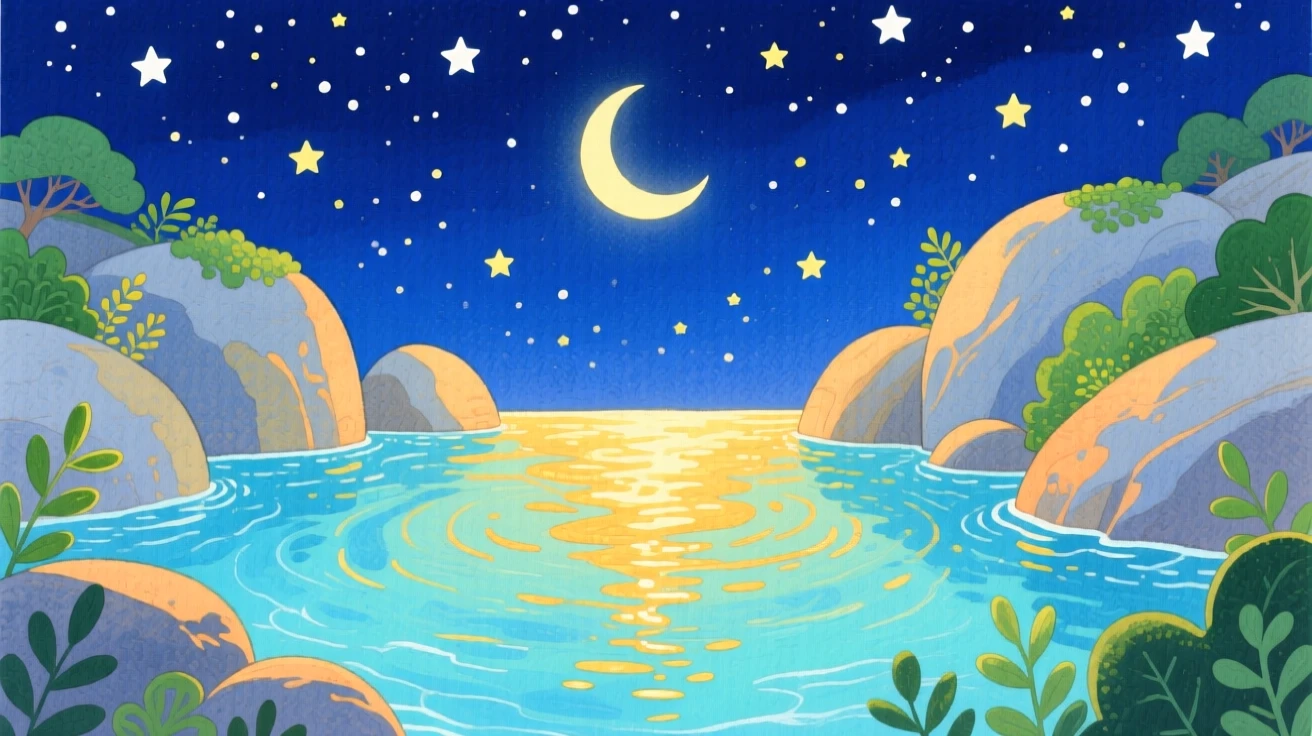 A secluded cove with crystal-clear water bathed in warm light beneath a starry night sky.