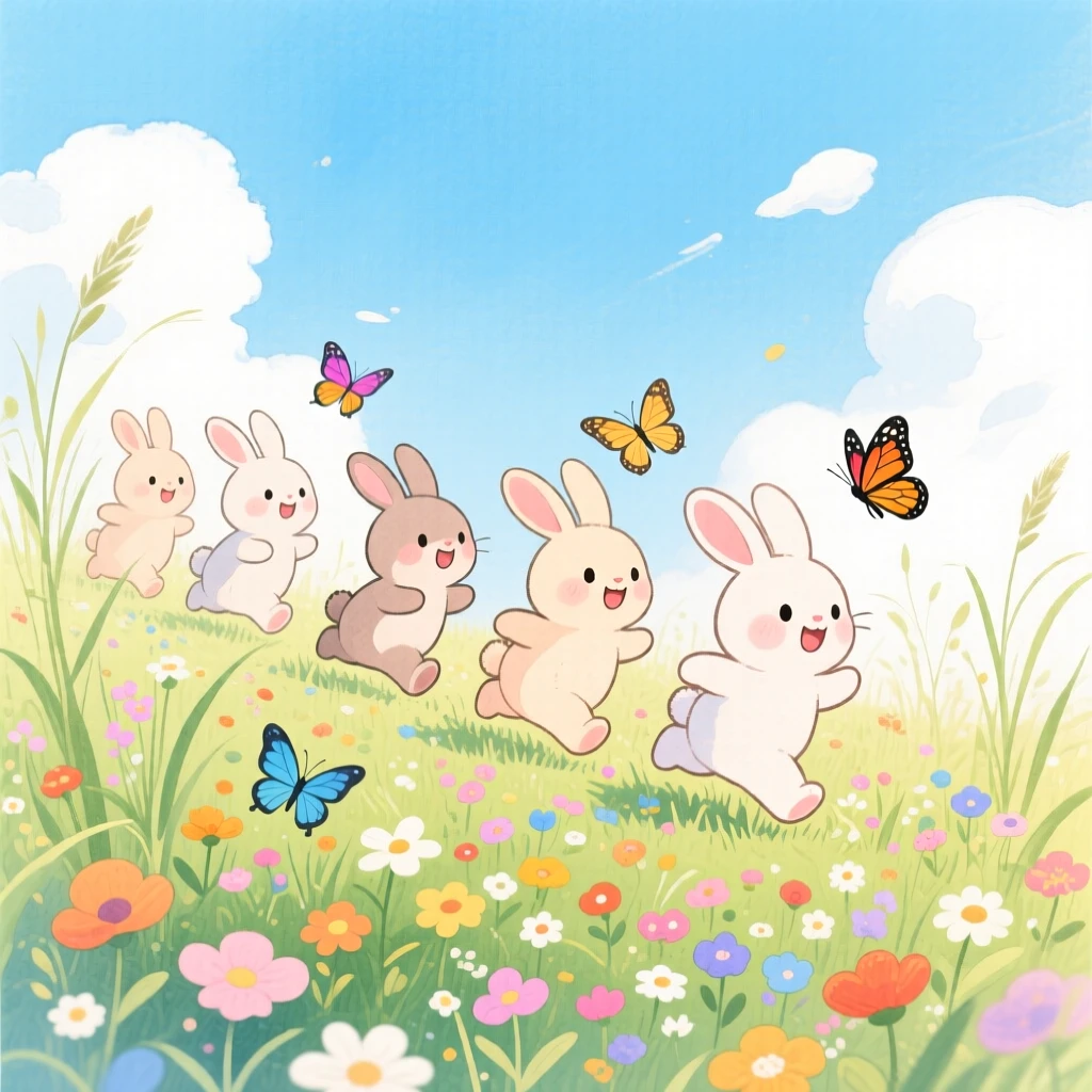 A group of bunny siblings chasing butterflies through tall grass, set in a meadow bursting with wildflowers under a blue sky, showing unconditional love and loyalty.