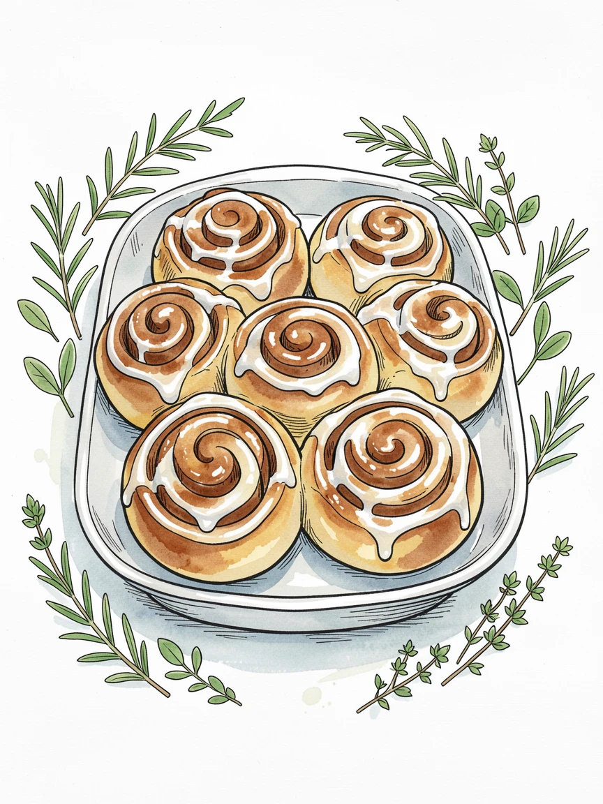 A tray of freshly baked cinnamon rolls drizzled with icing, fresh herbs and garnishes scattered artfully around the dish.