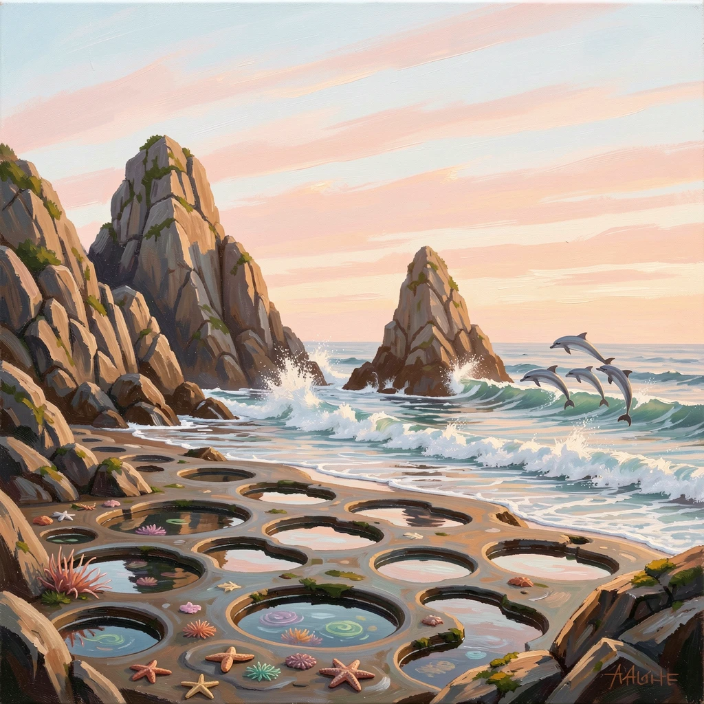 Where waves crash against weathered sea stacks, a rocky cove with tidepools, a pod of dolphins leaping just beyond the breakers, at sunrise, the sky streaked with soft pink and orange.