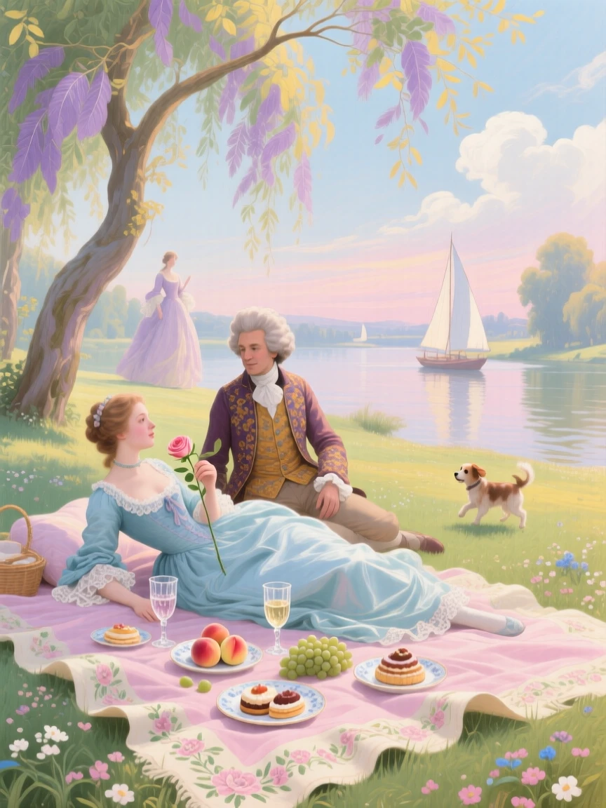 A quiet riverside meadow with a picnic blanket beneath willow trees  