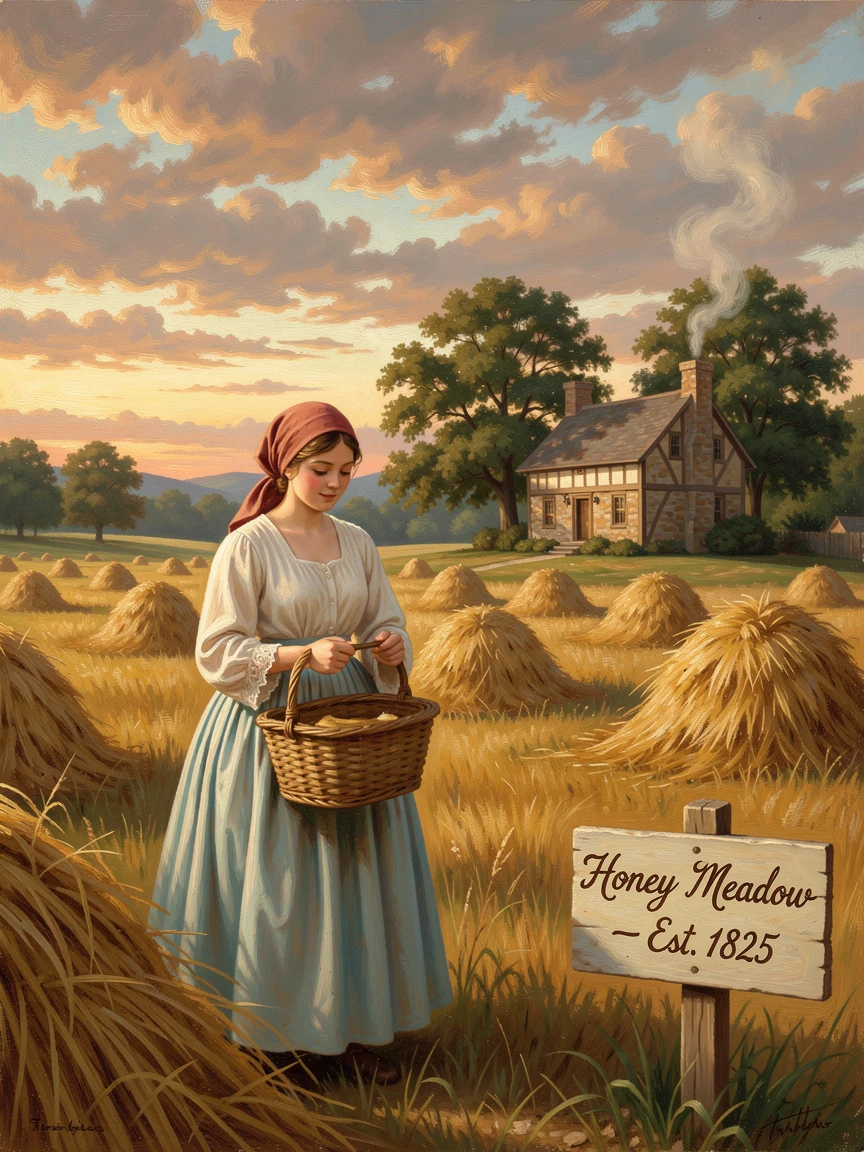 A shepherdess gathers honey within a field dotted with haystacks while smoke rises from the farmhouse chimney.