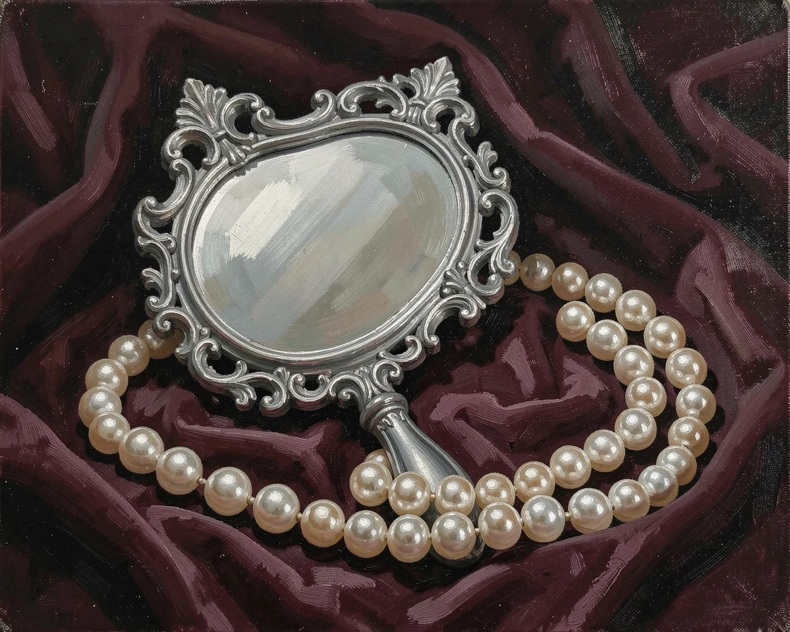 An ornate hand mirror resting beside a strand of pearls on velvet, as delicate shadows fall across the surrounding surface, designed as a sophisticated piece for upscale interior decor
