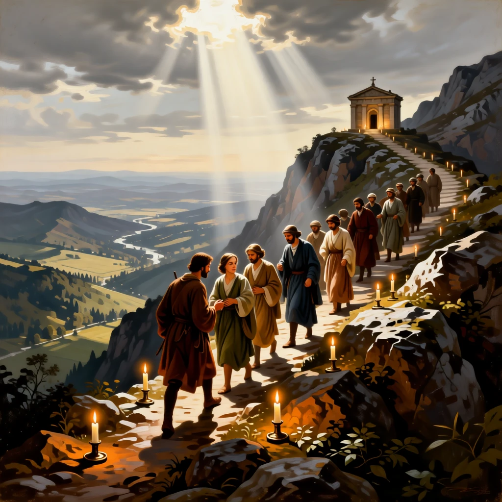 Pilgrims crossing a perilous mountain pass toward a distant shrine at the quiet culmination of a long inner journey, set atop a remote mountain overlooking an endless valley, with candles flickering steadily despite an unseen breeze; vertical light from above draws the eye toward transcendence, filled with serenity and the quiet dignity of devotion.