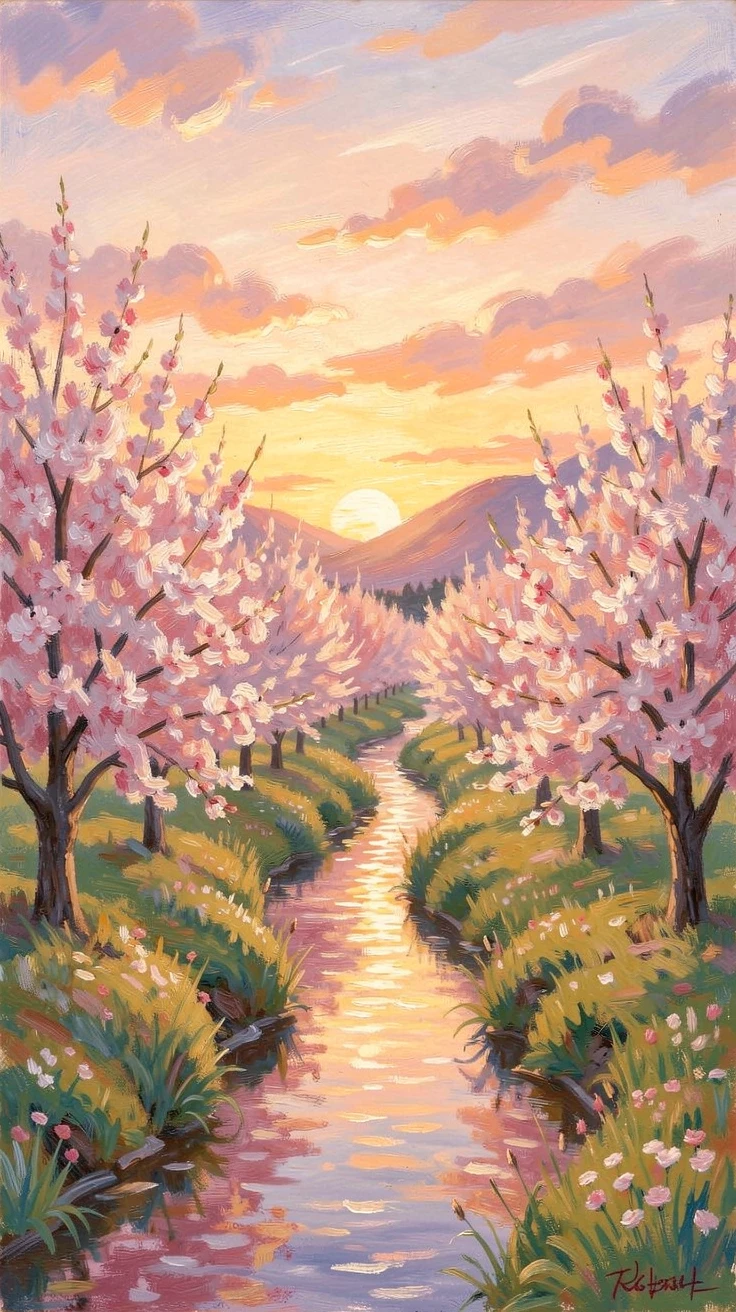 A quiet valley orchard in full blossom, a narrow stream winding between the rows of trees, under a glowing sunset sky, capturing a moment of quiet intimacy.