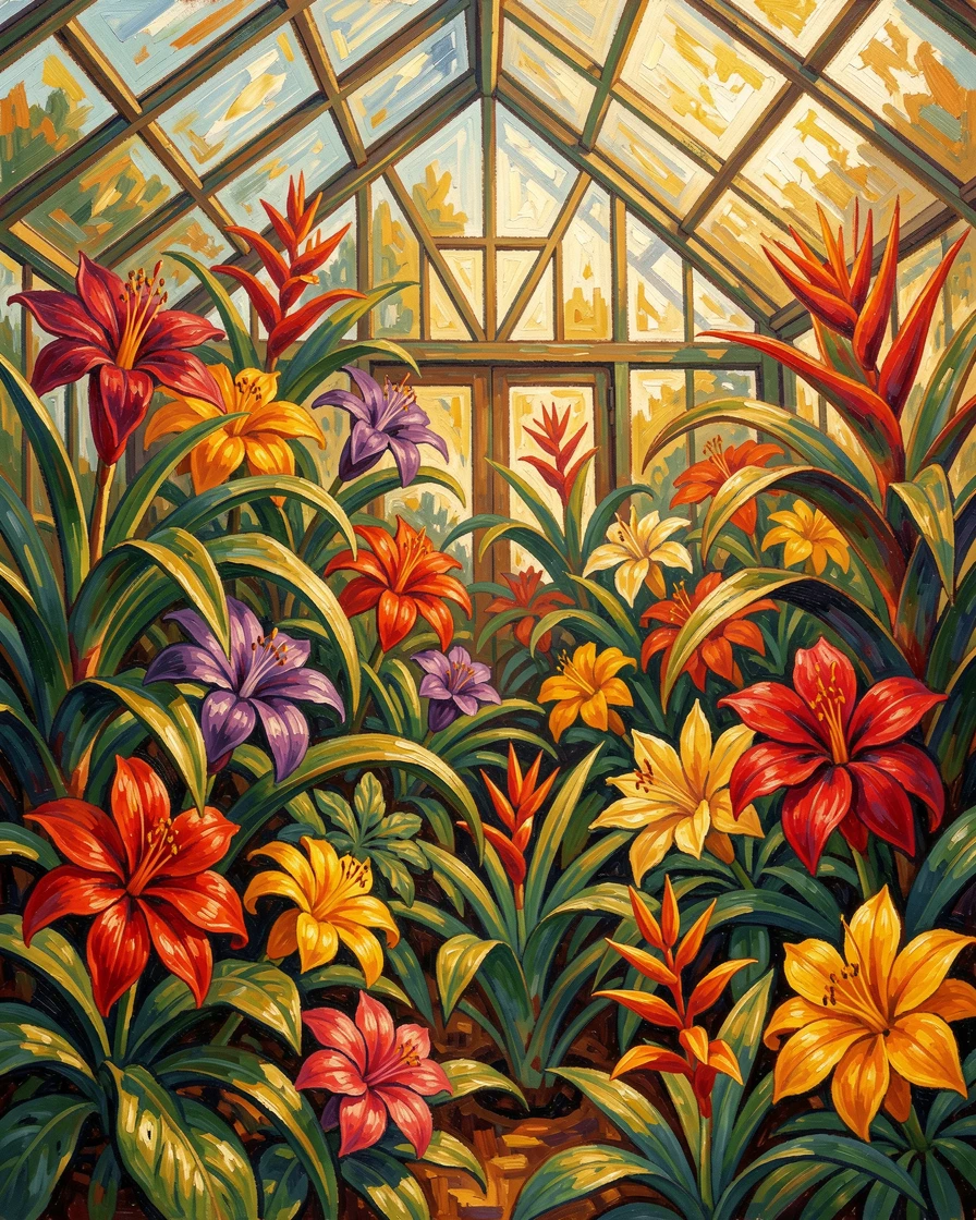 A greenhouse of exotic tropical flowers glowing under warm afternoon light.