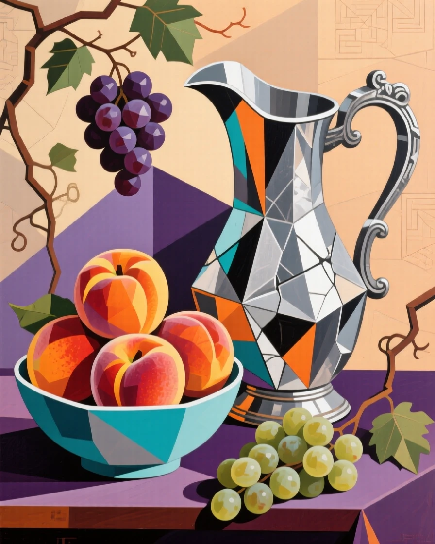A bowl of ripe peaches and grapes arranged beside an antique silver pitcher.