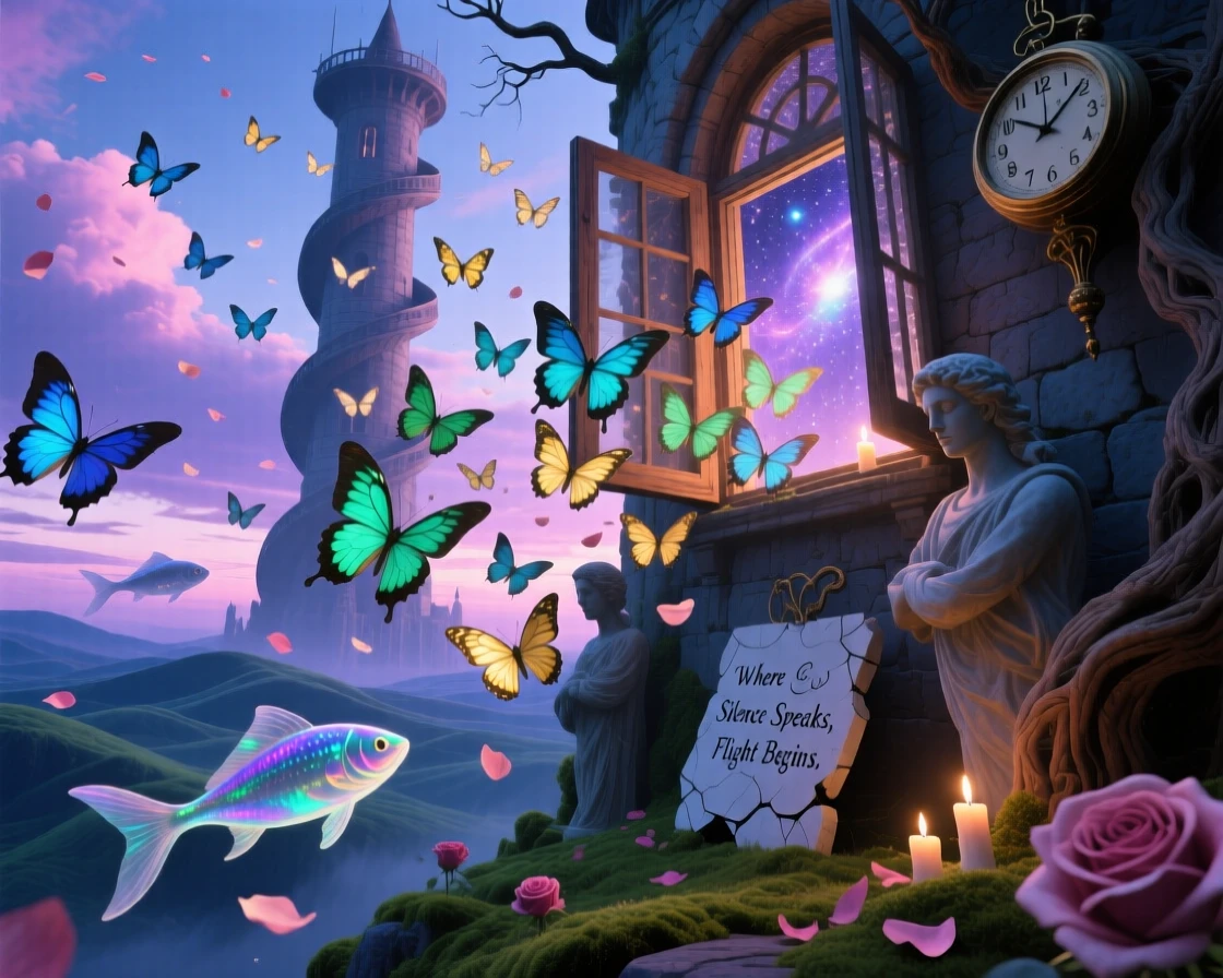 A swarm of butterflies pouring like a river from an open window drifts silently beneath a sky painted in soft twilight colors, while soft petals drift down from an unseen sky above.
