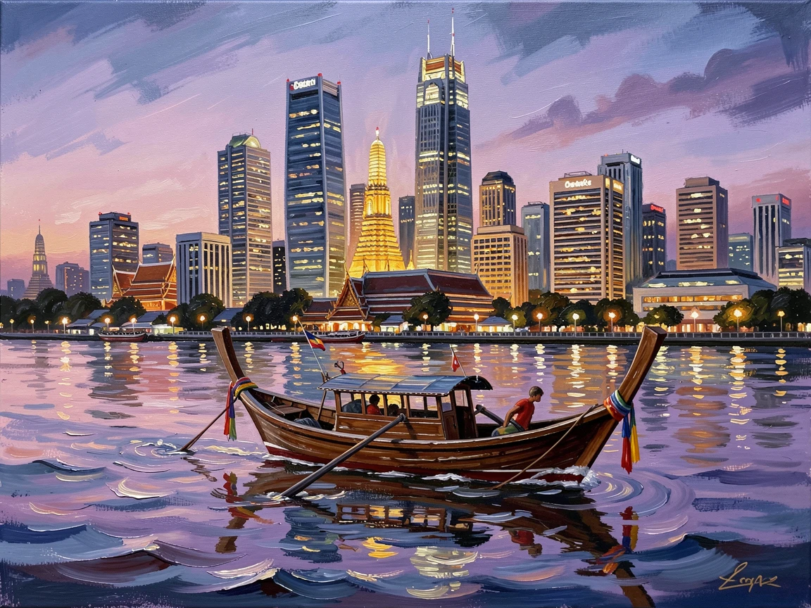 The Bangkok skyline glows along the Chao Phraya River at dusk, a traditional longtail boat crossing in front of illuminated modern towers, subtle color shifts across the sky suggesting the slow passage of time within the scene.
