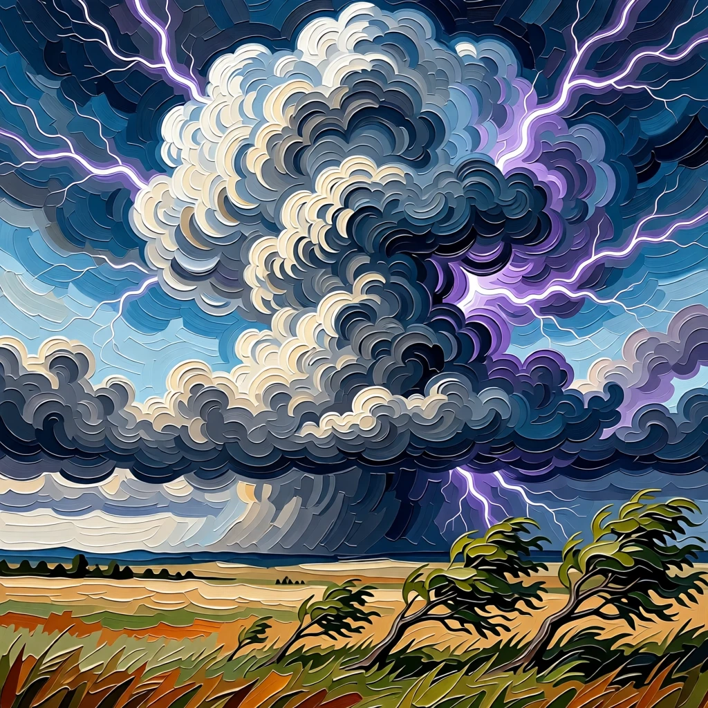 A massive supercell thunderstorm looming over open plains, lightning branching across the sky