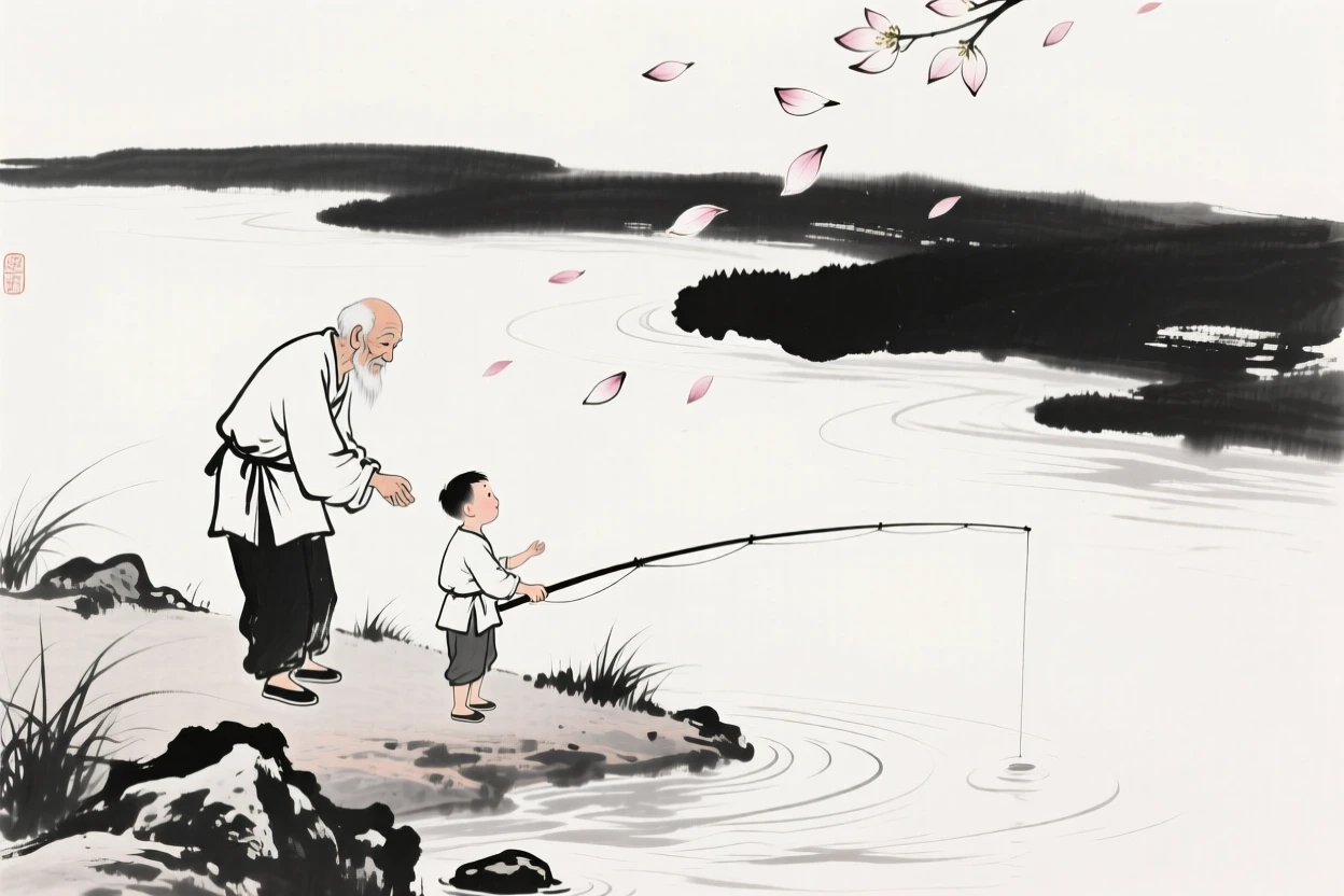 A grandfather teaches his grandson to fish along a riverbank, with petals drifting gently down around them.