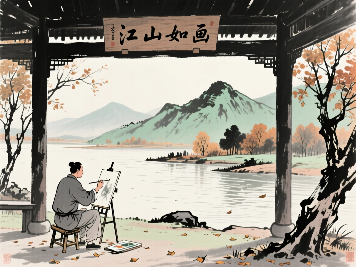An artist sketching the mountains from a riverside pavilion, at midday, in late autumn.