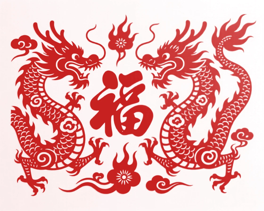 A symmetrical panel of confronting dragons framing a large central character for fortune