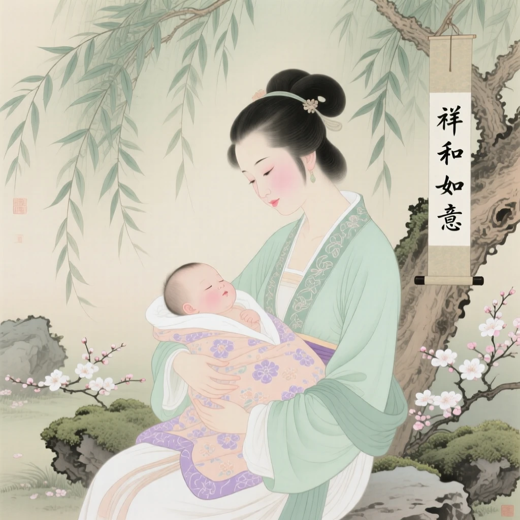 A young mother humming a lullaby while rocking her baby beneath a willow tree