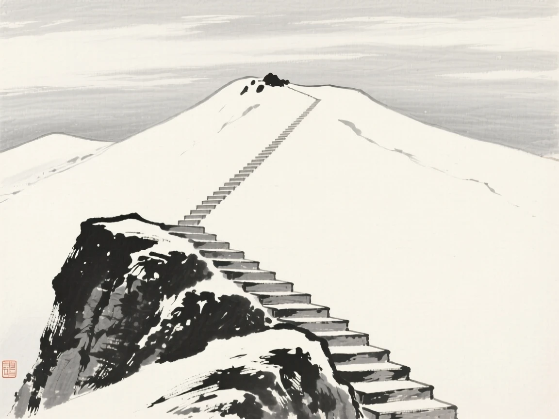 A steep staircase of rock leading up toward a distant summit under a pale winter sky heavy with unfallen snow, composed with wide open space above to emphasize the scale of the sky, evoking a deep sense of solitude and quiet grandeur.