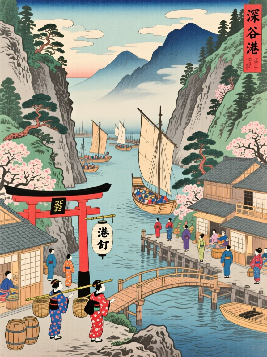 A bustling harbor town spanning a deep gorge between peaks.