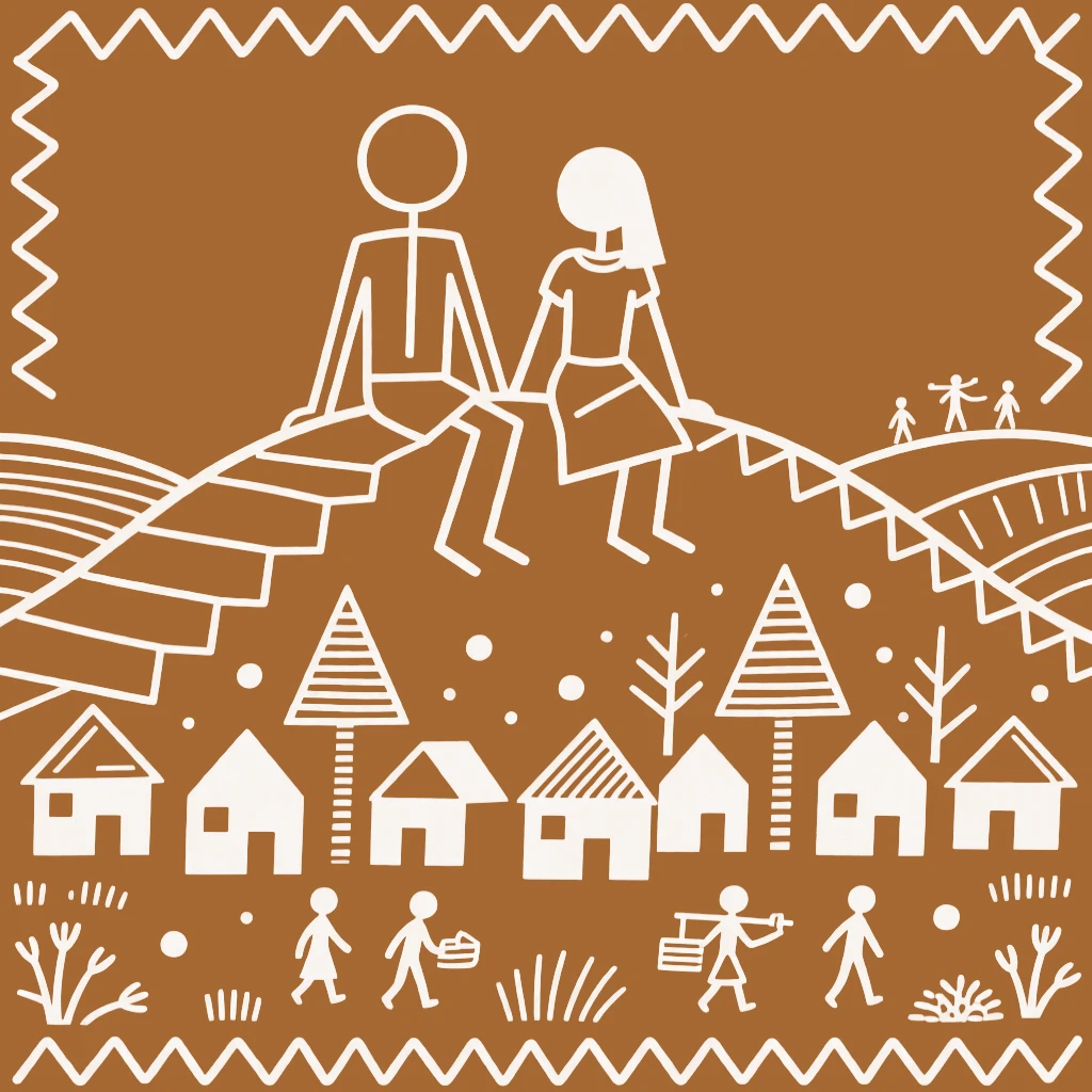 A young couple sitting side by side atop a hill overlooking the village.