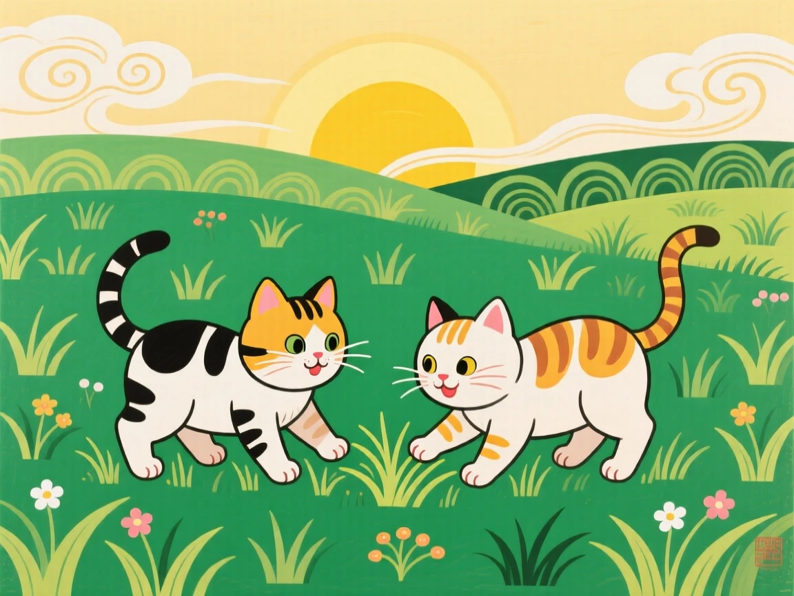 A pair of playful kittens grazing in a green pasture at dawn.