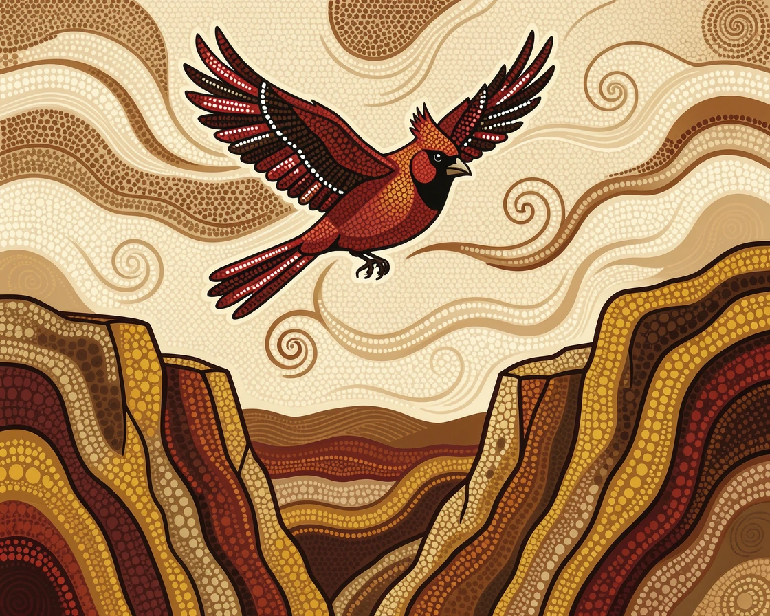 A cardinal soaring high above rugged cliffs