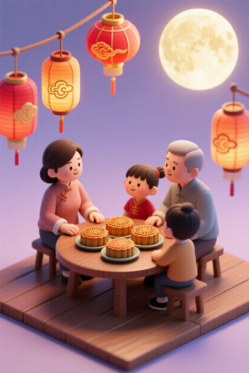 A Chinese Mid-Autumn Festival gathering with mooncakes on a table, lanterns glowing, and a family admiring the full moon together.