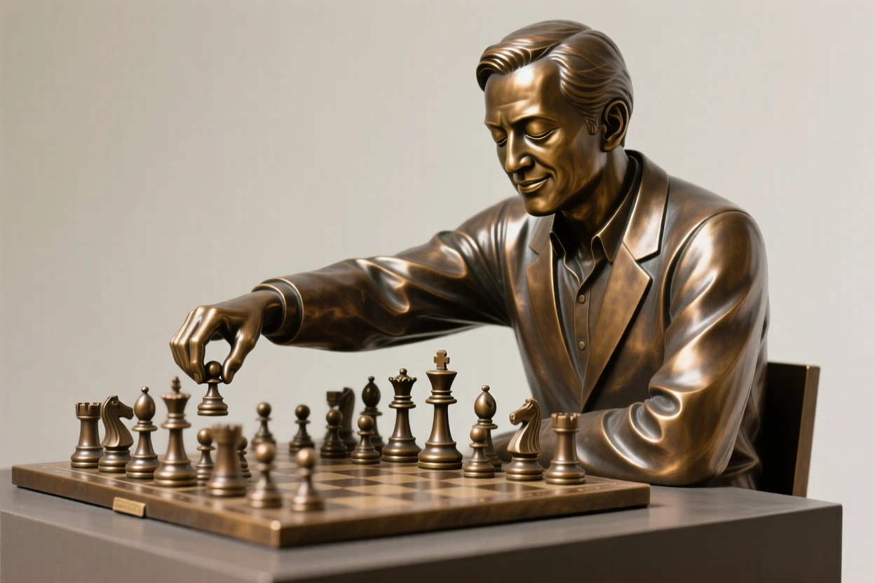 A chess player making a decisive final move, with eyes closed in peaceful serenity, forming a strong central focal point