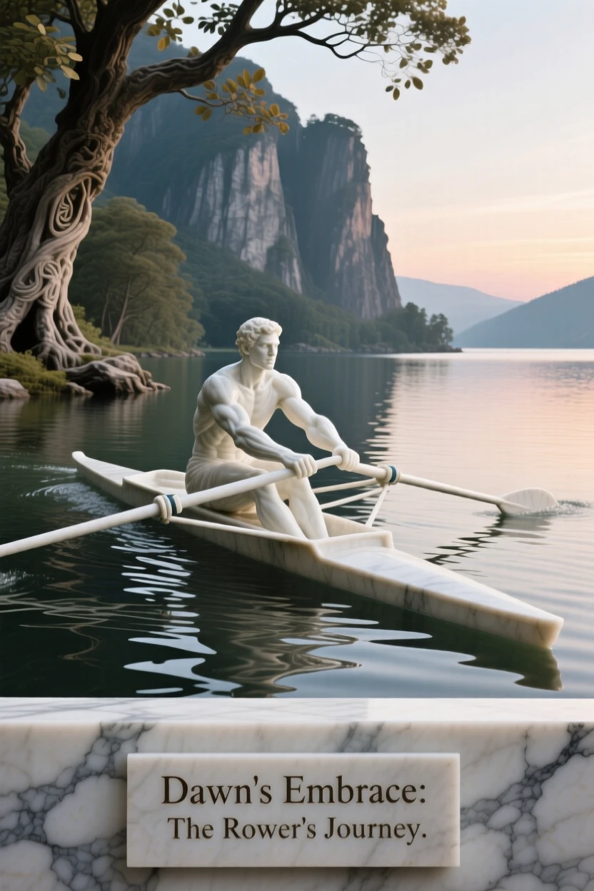 A vivid, emotionally rich scene of a rower gliding across a still lake at dawn, framed by dramatic natural scenery, designed to captivate and inspire