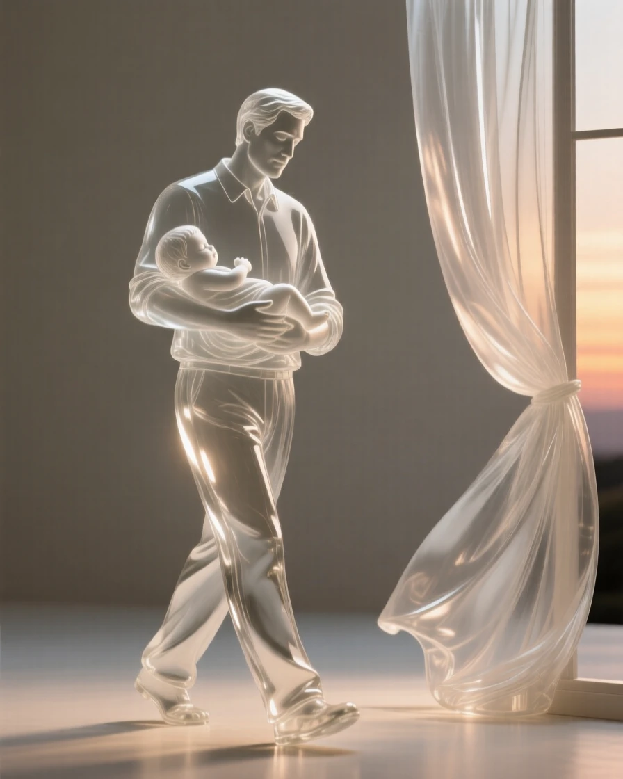 A father carrying his sleeping child home at dusk as a soft breeze stirs the curtains nearby