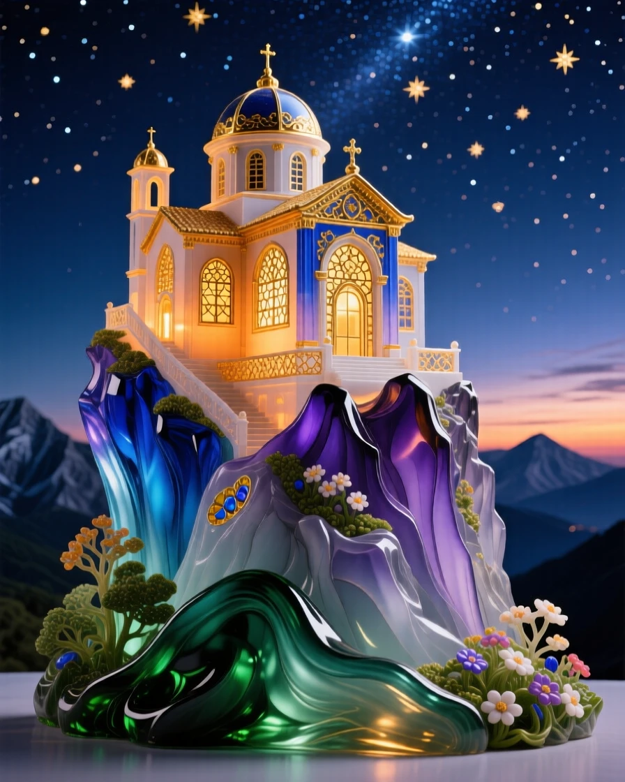 A grand mountain monastery glowing warmly at dusk beneath a starry sky, spiritual and serene.