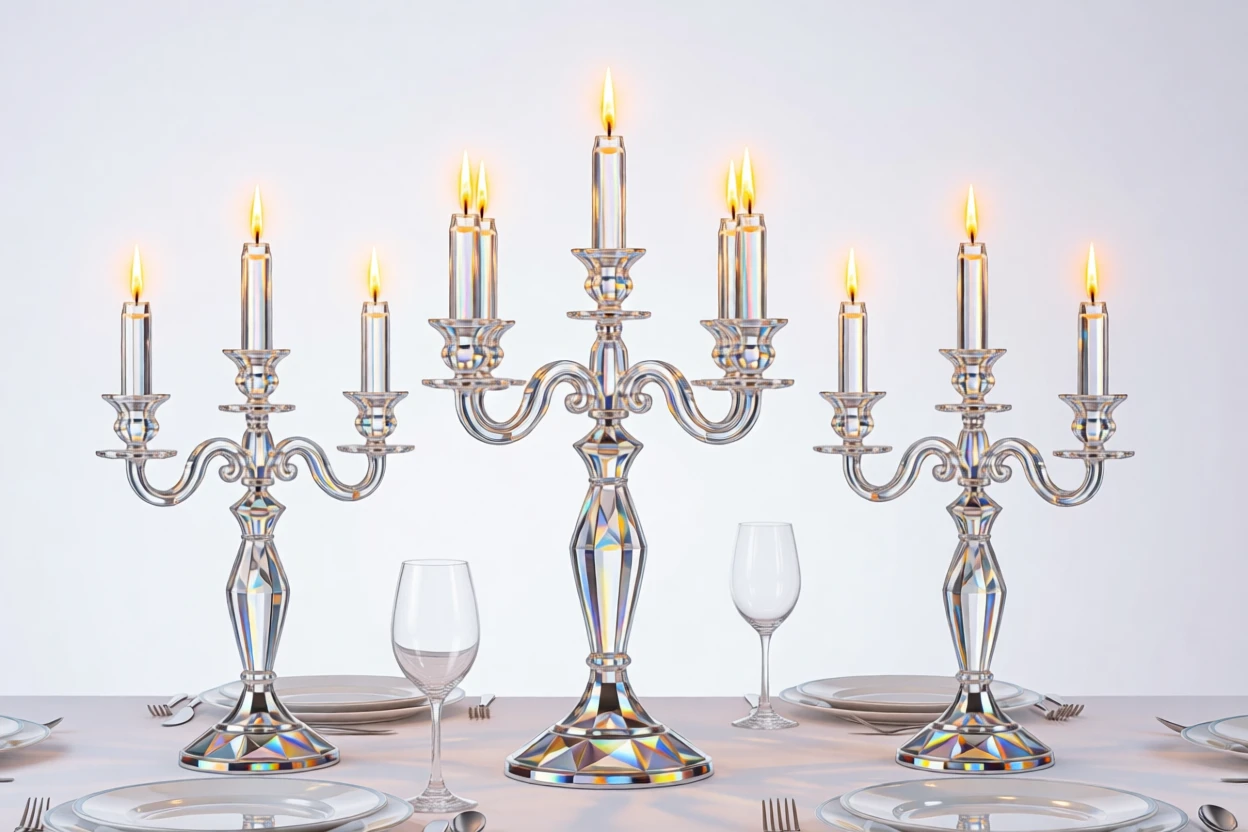 A set of ornate silver candlesticks with flickering candles on a formal dining table.