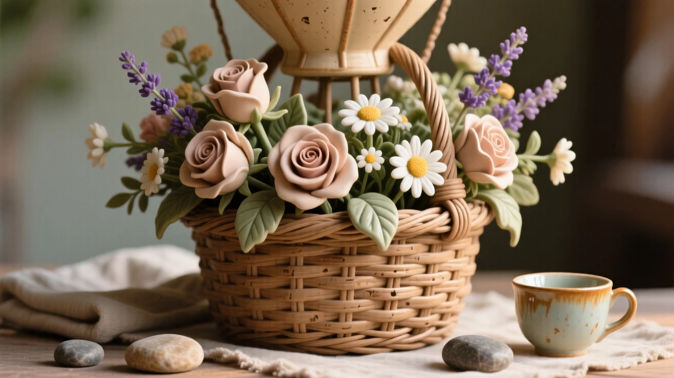 A hot air balloon basket filled with blooms caught in a moment of quiet everyday magic, framed by a scattering of small complementary props, radiating warmth and homely comfort.