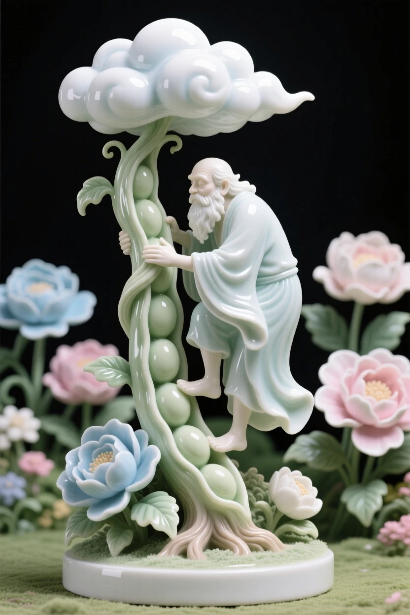 A whimsical scene of a gentle giant climbing a beanstalk into the clouds in a garden of oversized flowers.