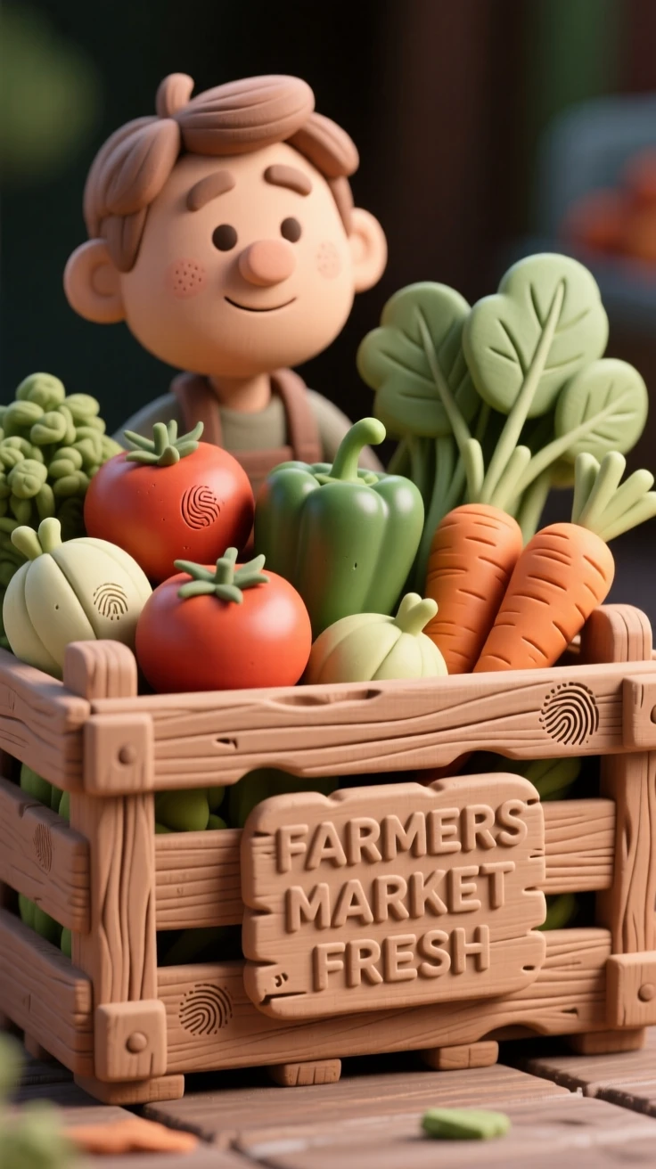 A rustic wooden crate overflowing with fresh farmers market vegetables