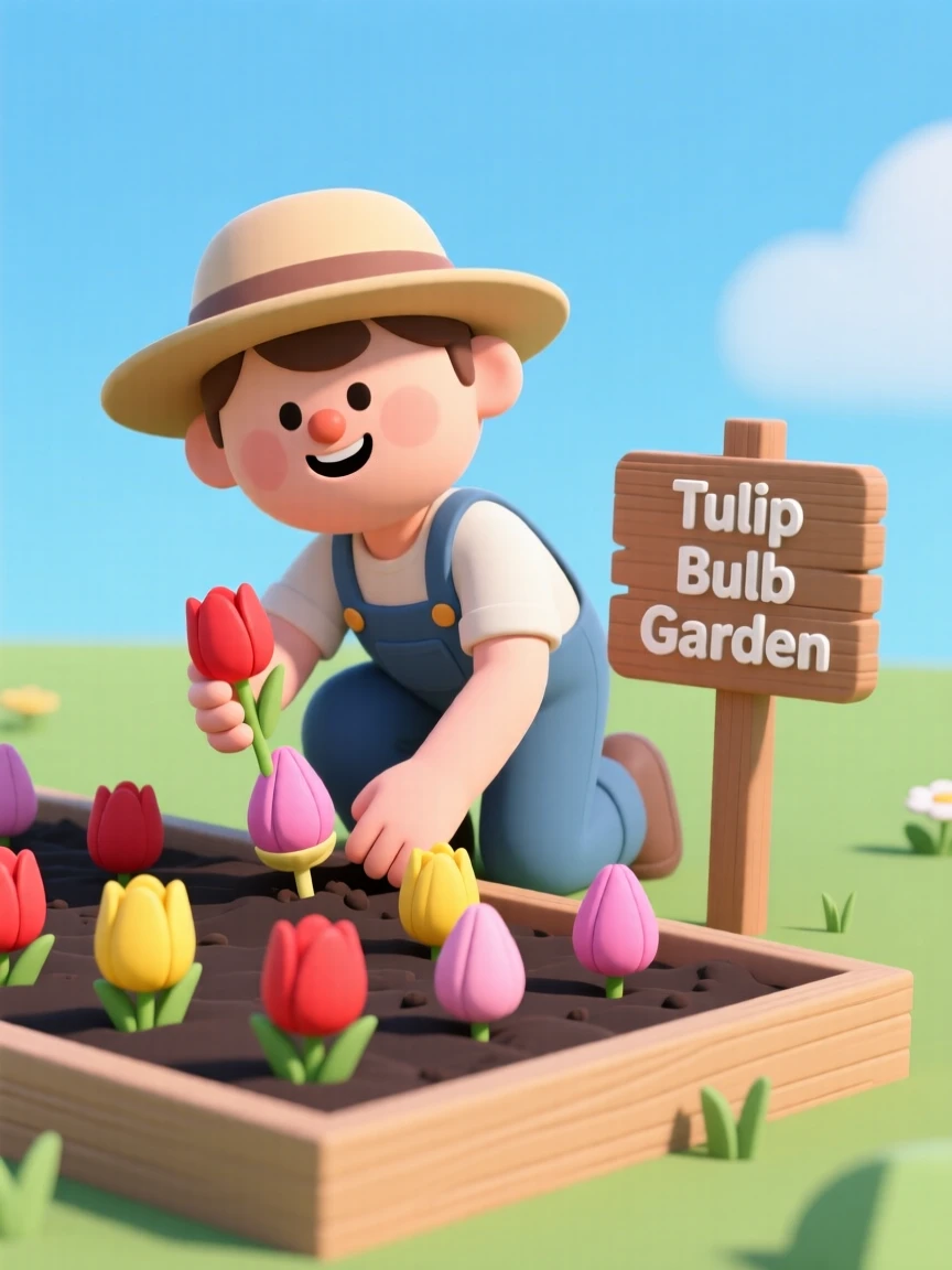 A joyful gardener plants colorful tulip bulbs in neat rows along a sunny backyard flower bed.