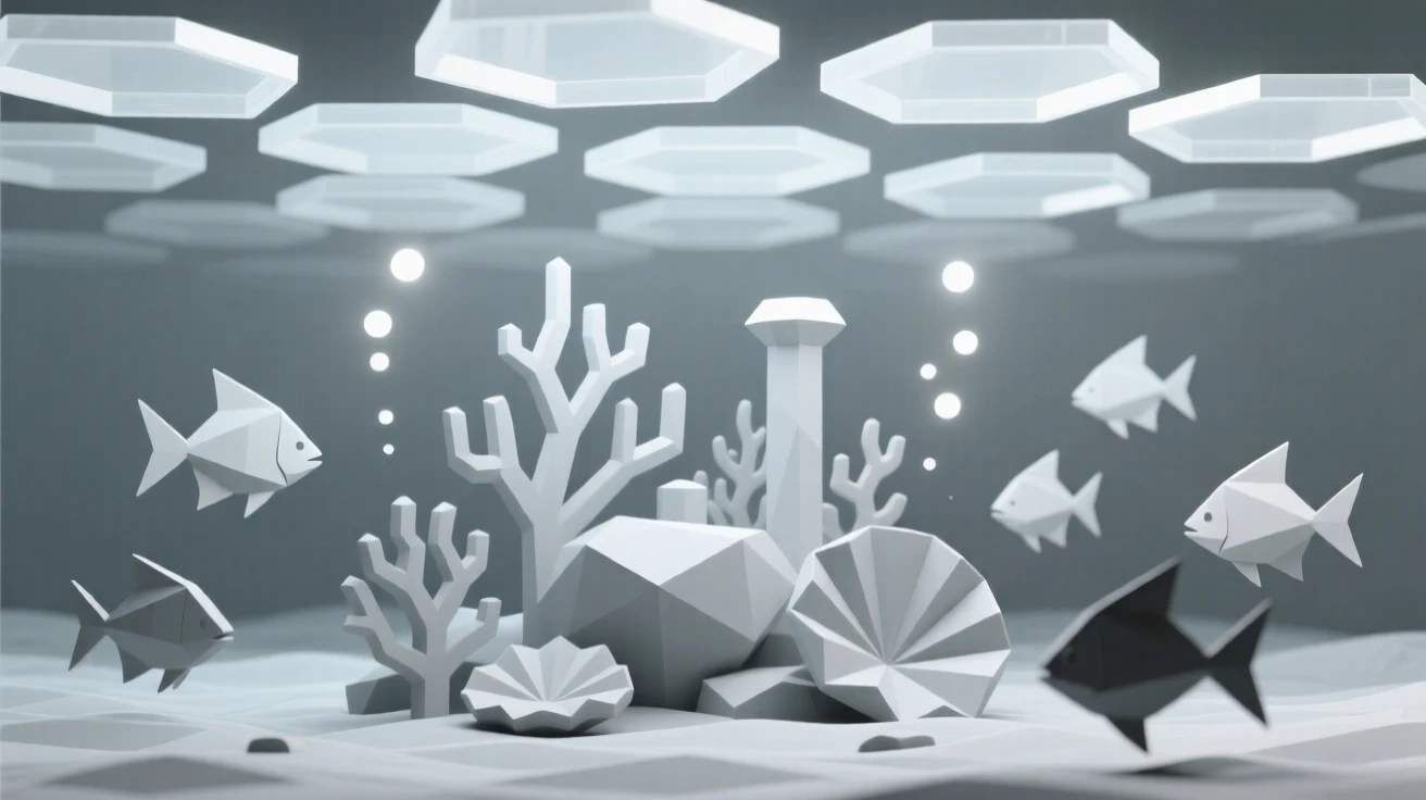 A glowing coral reef teeming with colorful fish, beneath a canopy of dreamlike floating light. soft glowing light sources create a sense of depth and scale. There is a dreamlike, otherworldly quality to the moment.