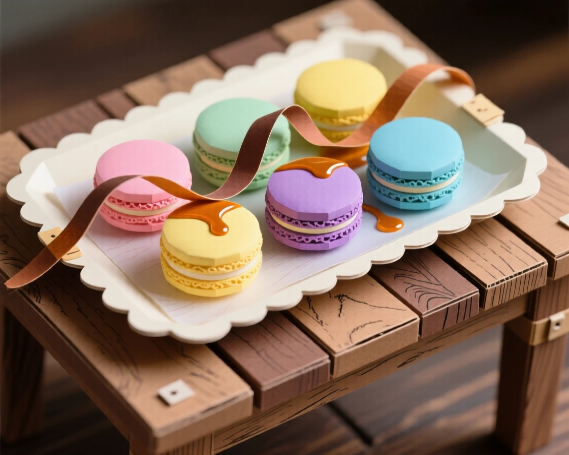 A tray of colorful macarons set on a rustic wooden table, with a drizzle of glossy sauce finishing the dish, capturing the artistry of fine cuisine.