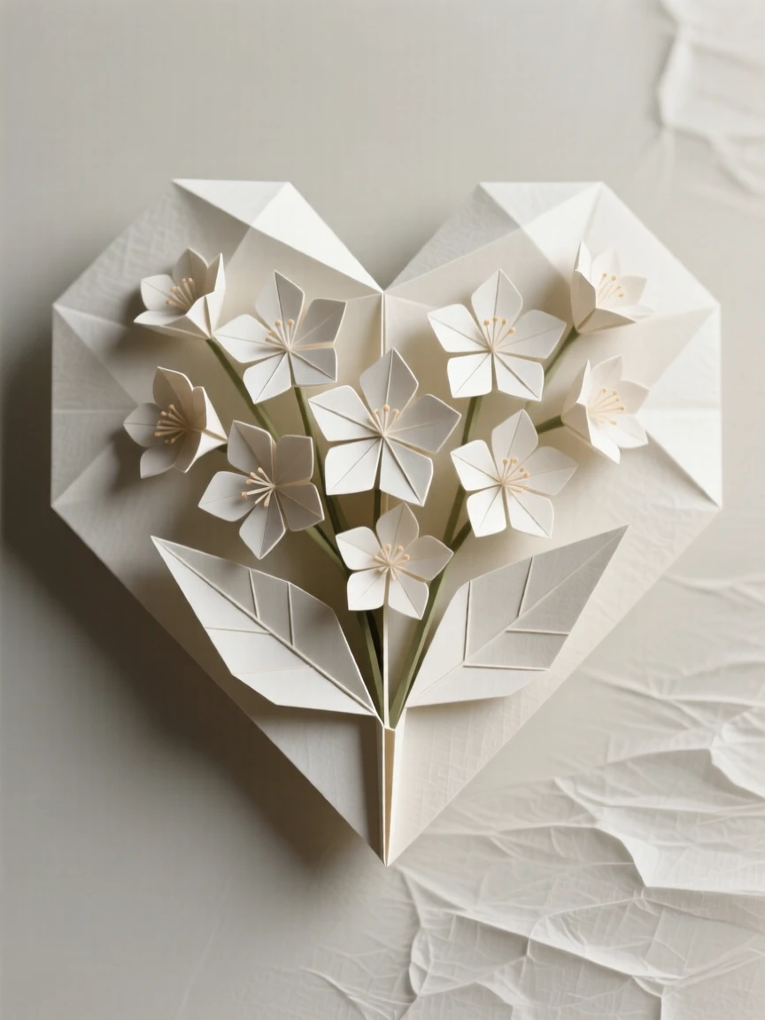 An elegant floral heart shape composed entirely of small blossoms and leaves.