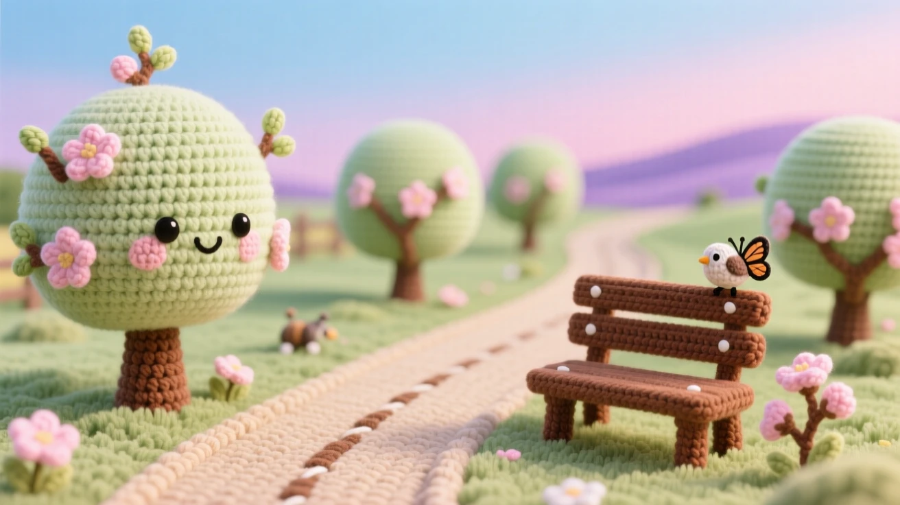 A tranquil view of a quiet countryside orchard in early spring, with trees just beginning to bloom, stretching beneath a soft pastel sky, beside a gently winding countryside road, with a single wooden bench resting nearby, evoking gentle awe at nature's quiet grandeur.
