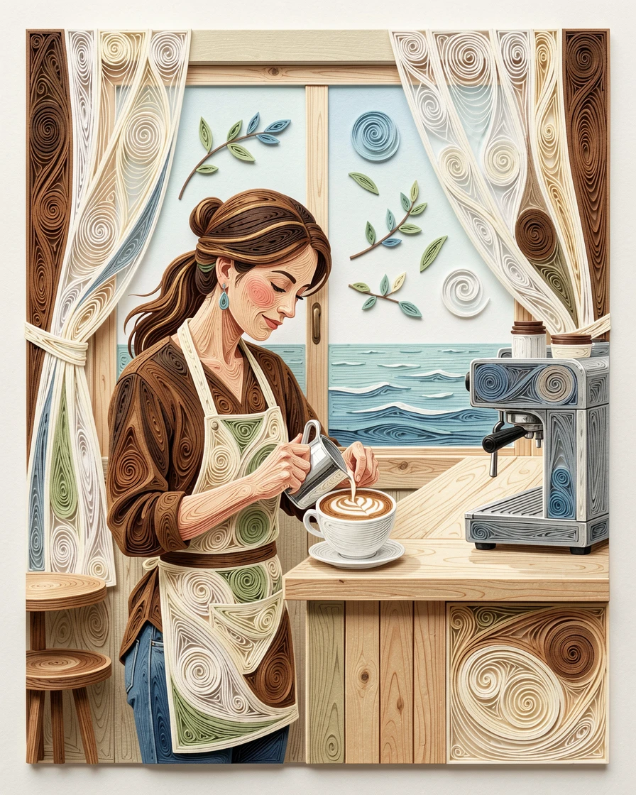 A relaxed modern lifestyle scene of a barista crafting latte art in a cozy café on a breezy seaside promenade, with a light breeze catching loose fabric or leaves, composed with a fresh, airy, minimalist aesthetic.