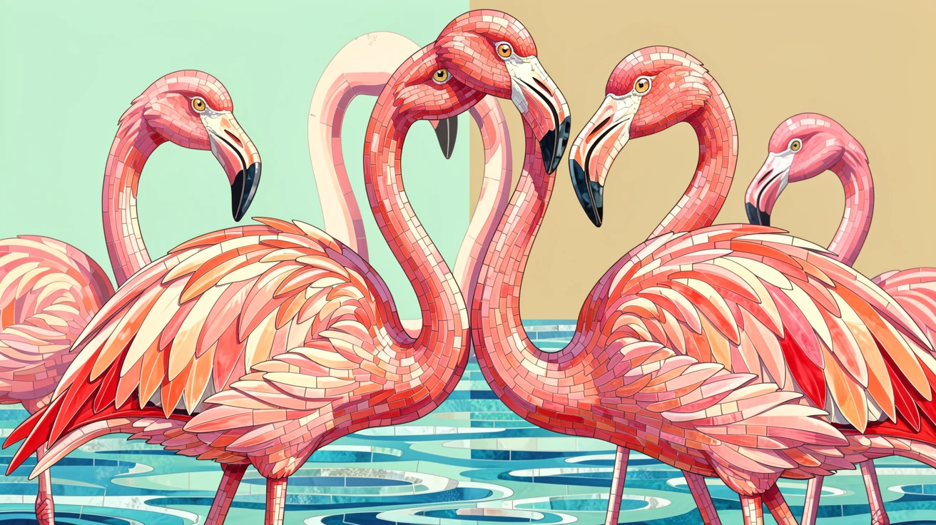 A close-up portrait of a flock of pink flamingos wading in shallow tropical water, showing rich fur or feather detail and expressive eyes.