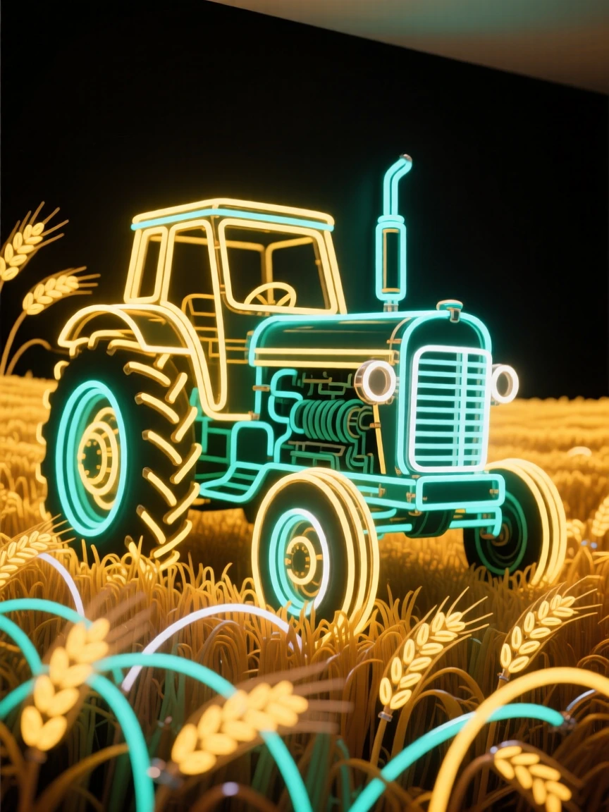 A restored tractor parked in a golden wheat field.