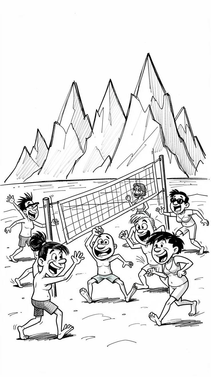A group of friends playing beach volleyball against a backdrop of towering mountains.