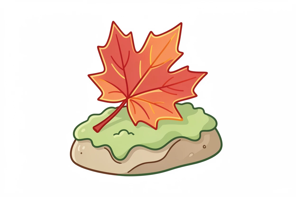 A single red maple leaf resting on a moss-covered stone.