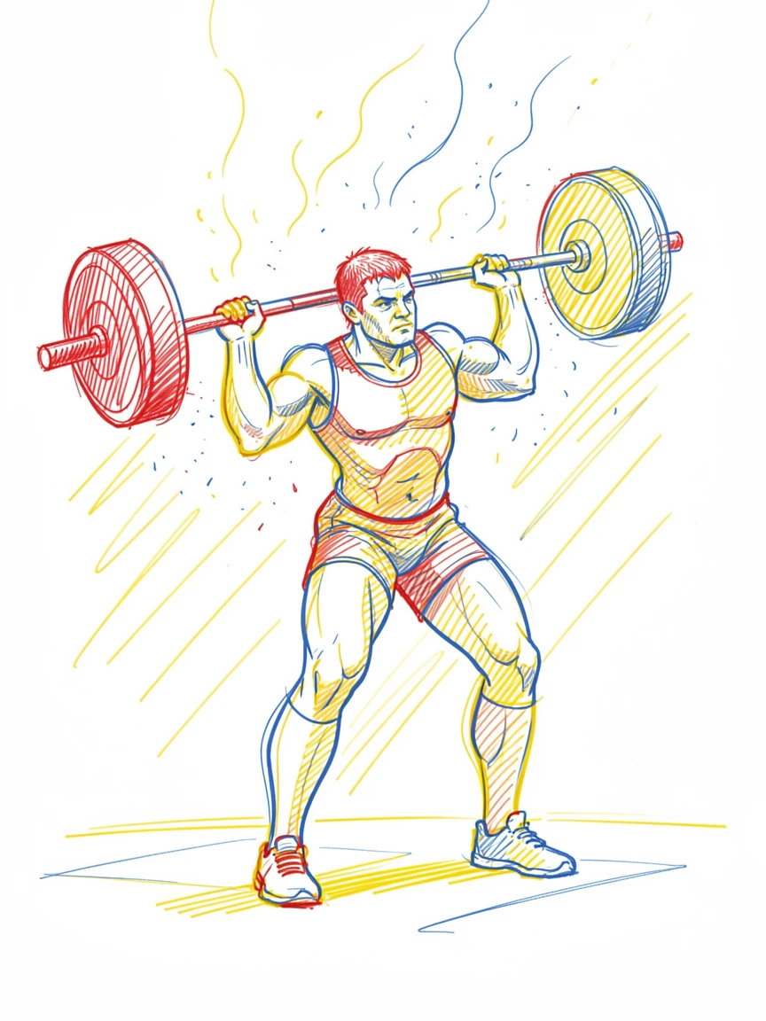 A weightlifter mid-lift, chalk dust rising in a dramatic gym setting