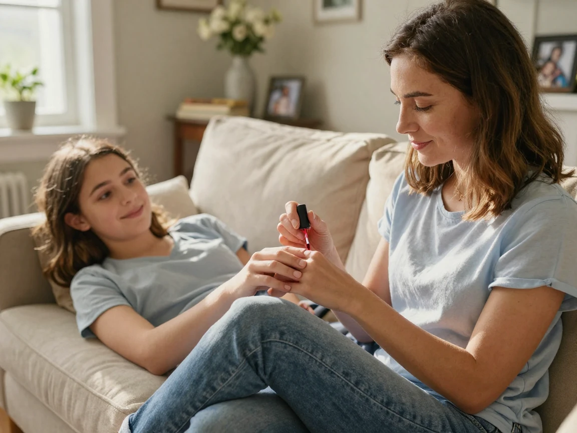 A daughter painting her mother's nails on a lazy afternoon