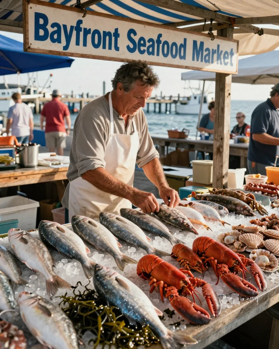 A fishmonger arranges fresh catch on a bed of crushed ice at a coastal market stall.