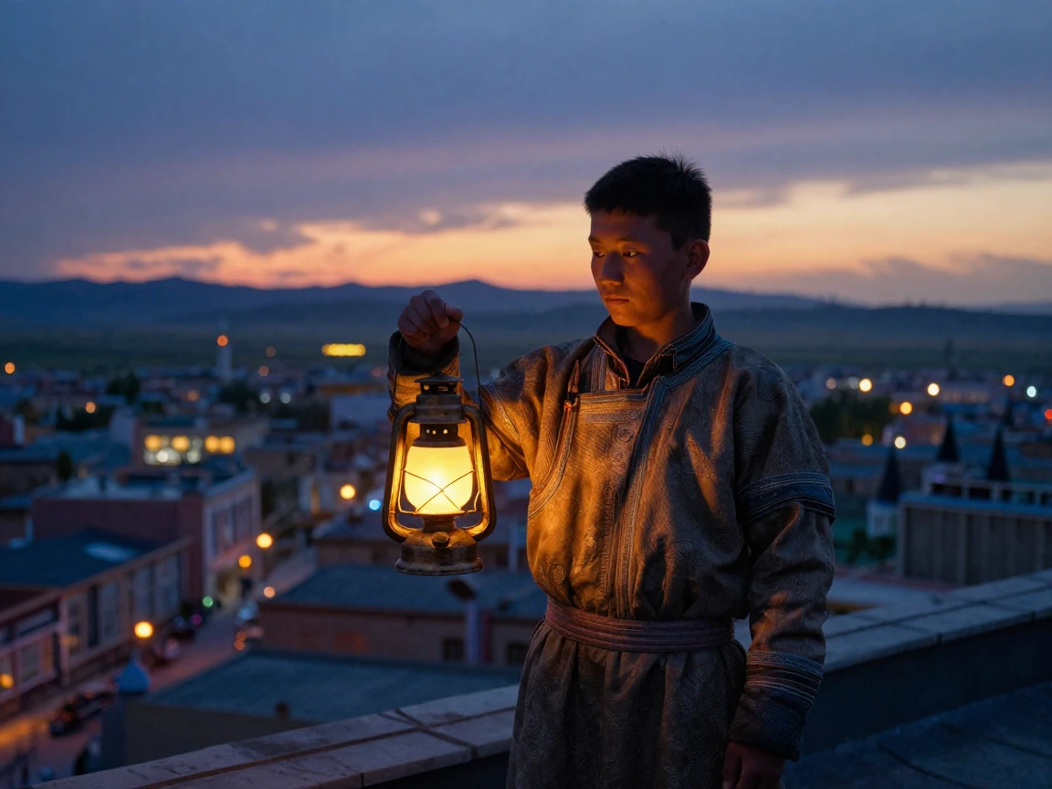 A teenage Mongolian farmer holding a lantern in the fading light on a rooftop overlooking a sleeping city