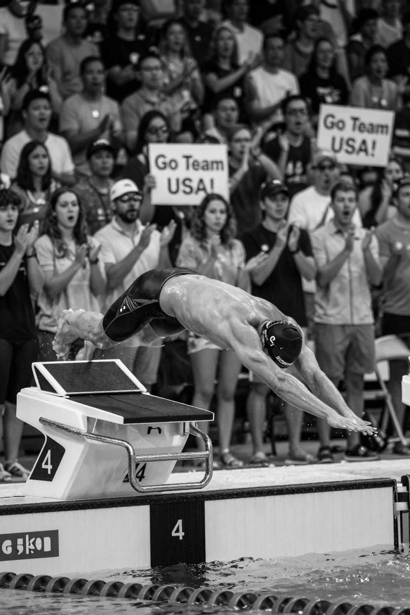 A swimmer launches off the starting block before a cheering crowd.