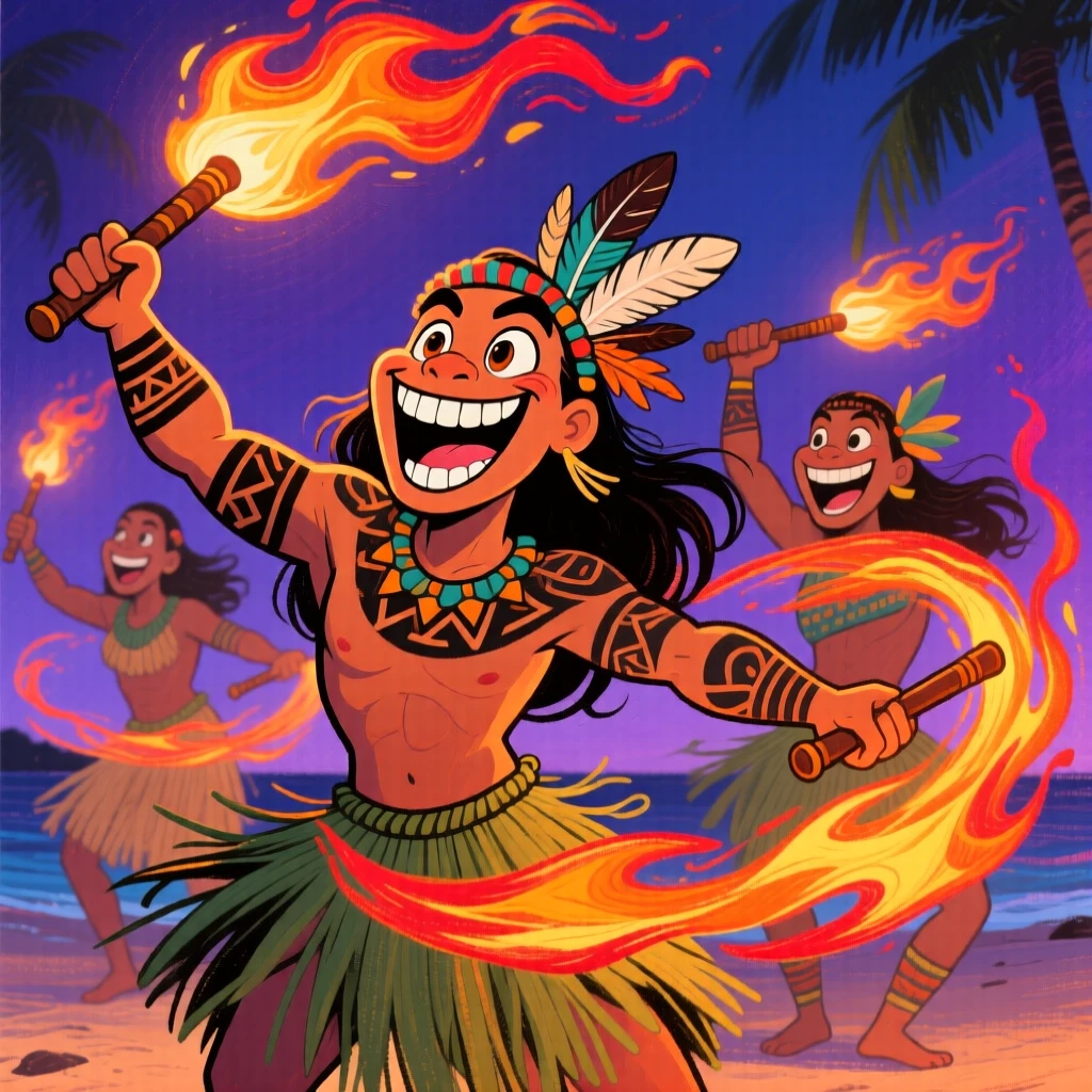 Traditional Polynesian fire dancers performing with spinning flaming batons.