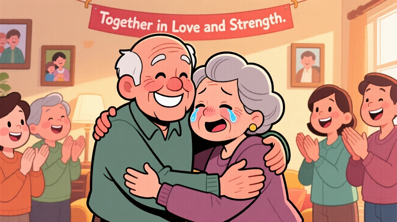 A heartwarming moment depicting two old friends comforting a loved one with a warm hug, surrounded by loved ones cheering quietly.