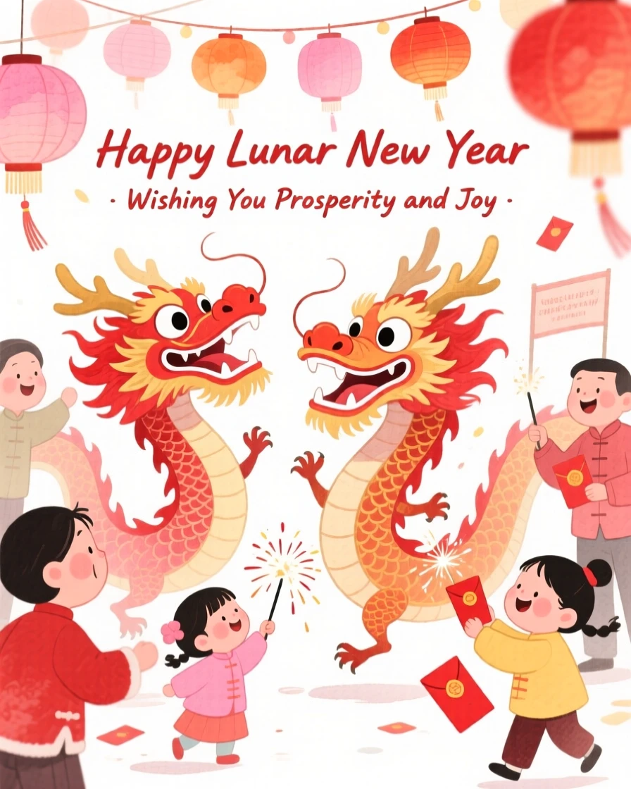 A joyful celebration scene of a Lunar New Year celebration with red lanterns and dancing dragons, radiating cozy holiday cheer